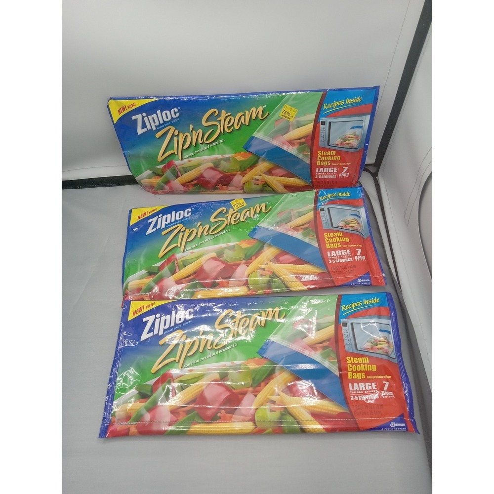 3x New Ziploc Zip N Steam 7 Large Bags Each, Microwave Steam Sealed Discontinued